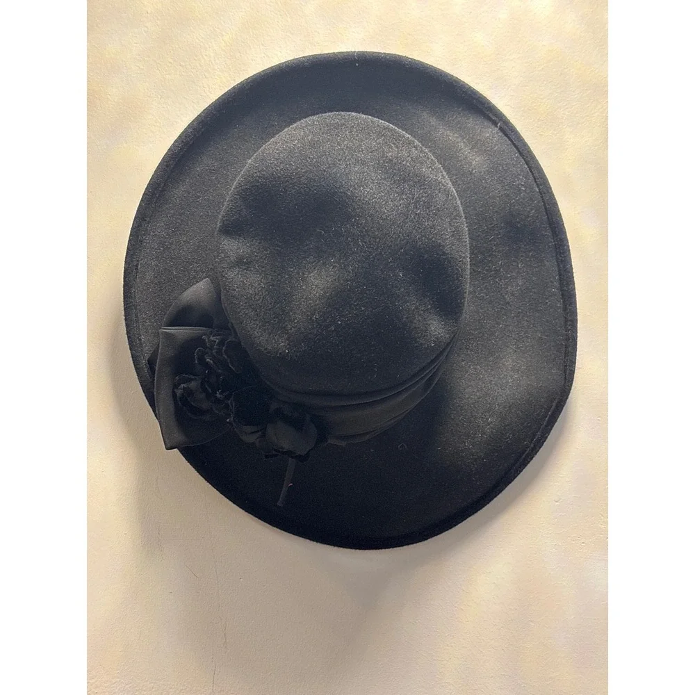 Suzanne Custom Made Millinery Black Wool‎ Flower Bow Wide Brim Hat